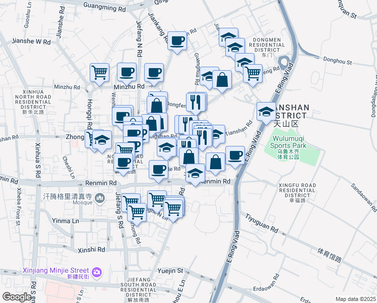 map of restaurants, bars, coffee shops, grocery stores, and more near He Ping Bei Lu in Wu Lu Mu Qi Shi