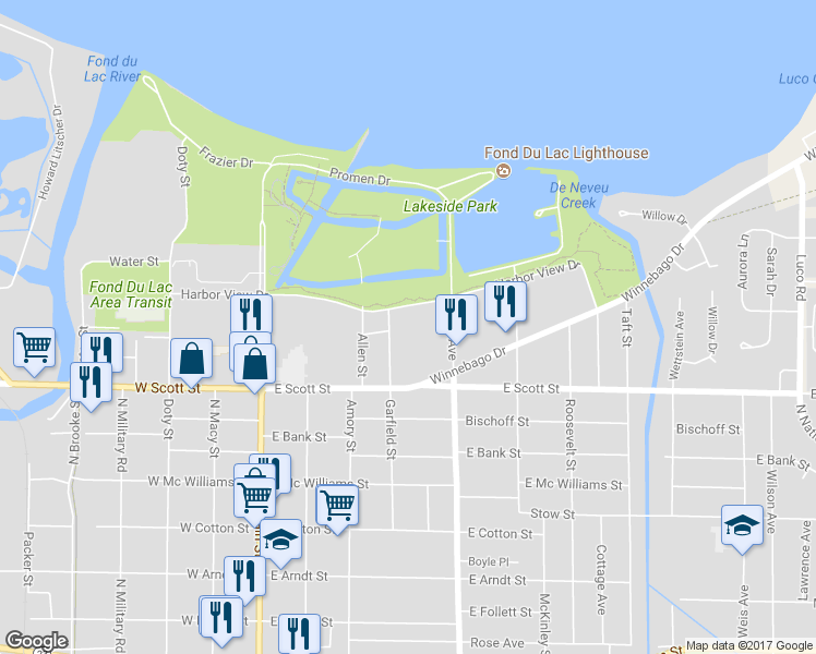 map of restaurants, bars, coffee shops, grocery stores, and more near 140 Harbor View Drive in Fond du Lac