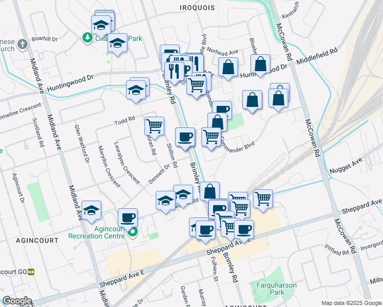 map of restaurants, bars, coffee shops, grocery stores, and more near 2248 Brimley Road in Toronto