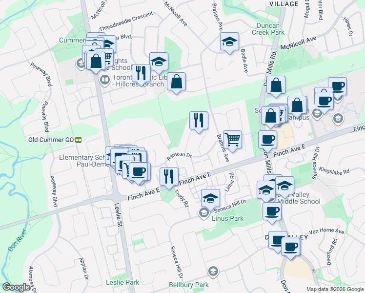 map of restaurants, bars, coffee shops, grocery stores, and more near 5 Lehar Crescent in Toronto