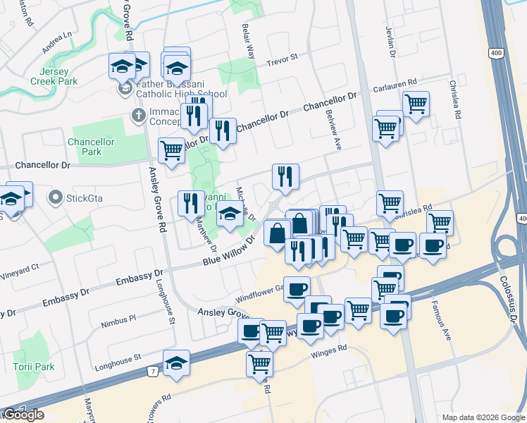map of restaurants, bars, coffee shops, grocery stores, and more near 180 Blue Willow Drive in Vaughan