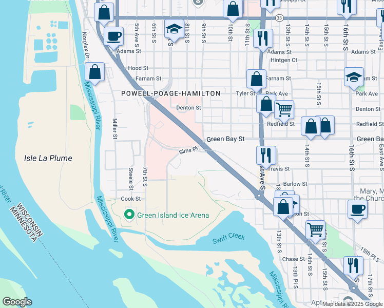 map of restaurants, bars, coffee shops, grocery stores, and more near 1827 Sims Place in La Crosse