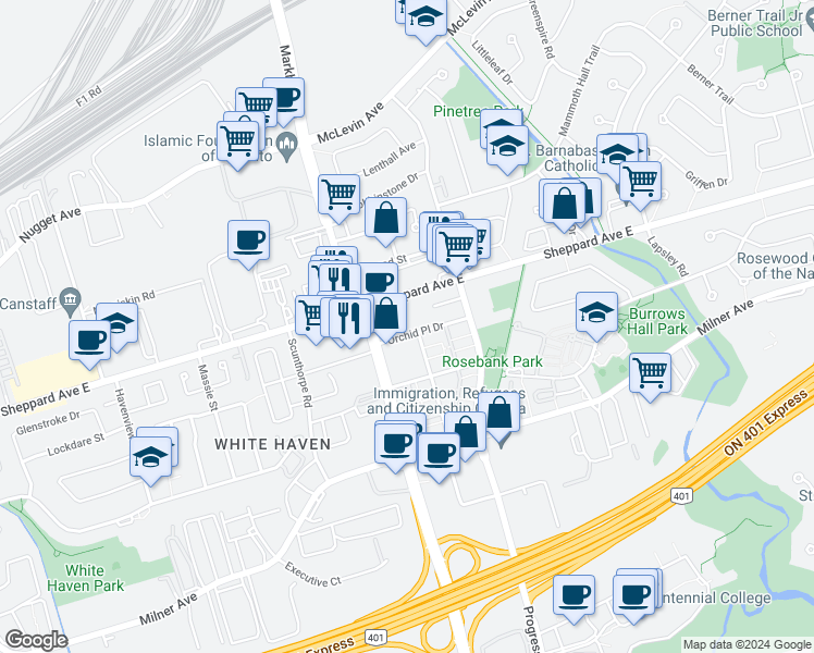 map of restaurants, bars, coffee shops, grocery stores, and more near 1641 Markham Road in Toronto
