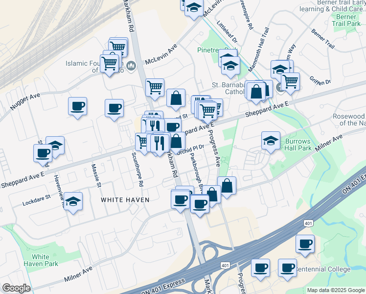 map of restaurants, bars, coffee shops, grocery stores, and more near 1641 Markham Road in Toronto