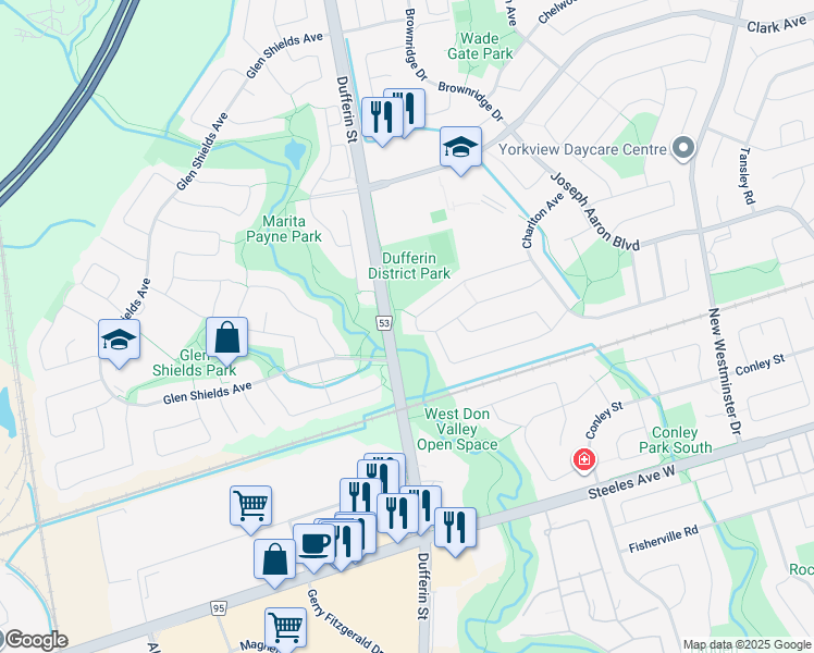 map of restaurants, bars, coffee shops, grocery stores, and more near in Vaughan