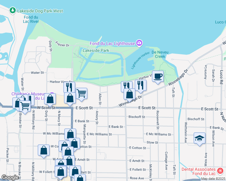 map of restaurants, bars, coffee shops, grocery stores, and more near 140 Harbor View Drive in Fond du Lac