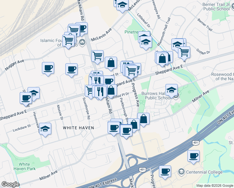 map of restaurants, bars, coffee shops, grocery stores, and more near in Toronto