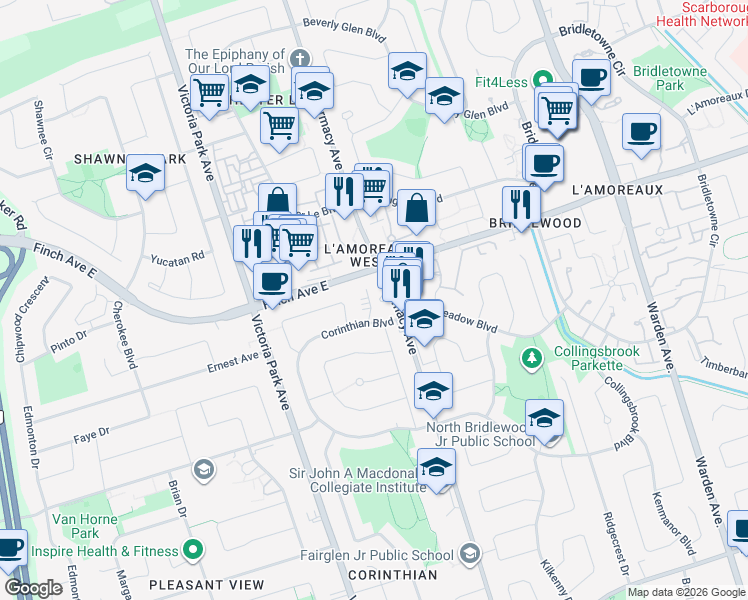map of restaurants, bars, coffee shops, grocery stores, and more near in Toronto