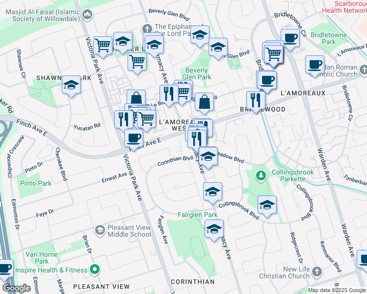 map of restaurants, bars, coffee shops, grocery stores, and more near 2550 Pharmacy Avenue in Toronto