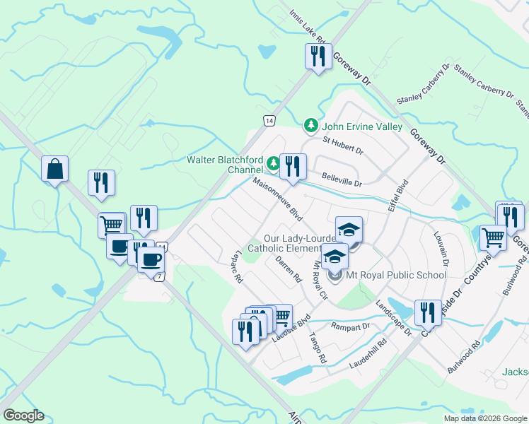 map of restaurants, bars, coffee shops, grocery stores, and more near 12 Citadel Crescent in Brampton