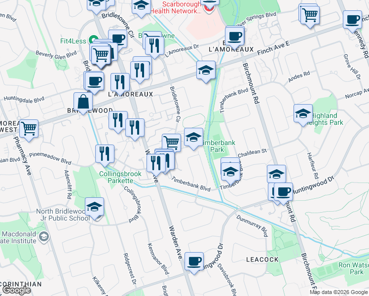 map of restaurants, bars, coffee shops, grocery stores, and more near Eaton Park Lane in Toronto