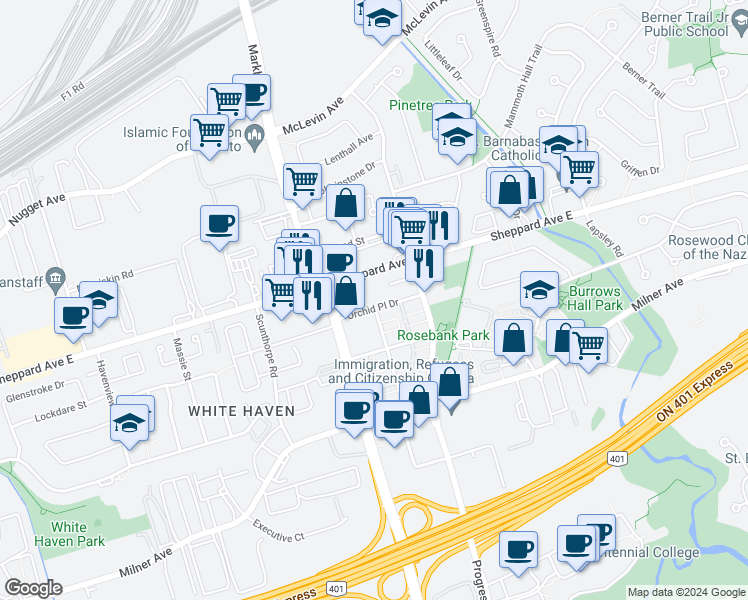 map of restaurants, bars, coffee shops, grocery stores, and more near in Toronto