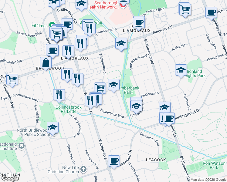 map of restaurants, bars, coffee shops, grocery stores, and more near in Toronto