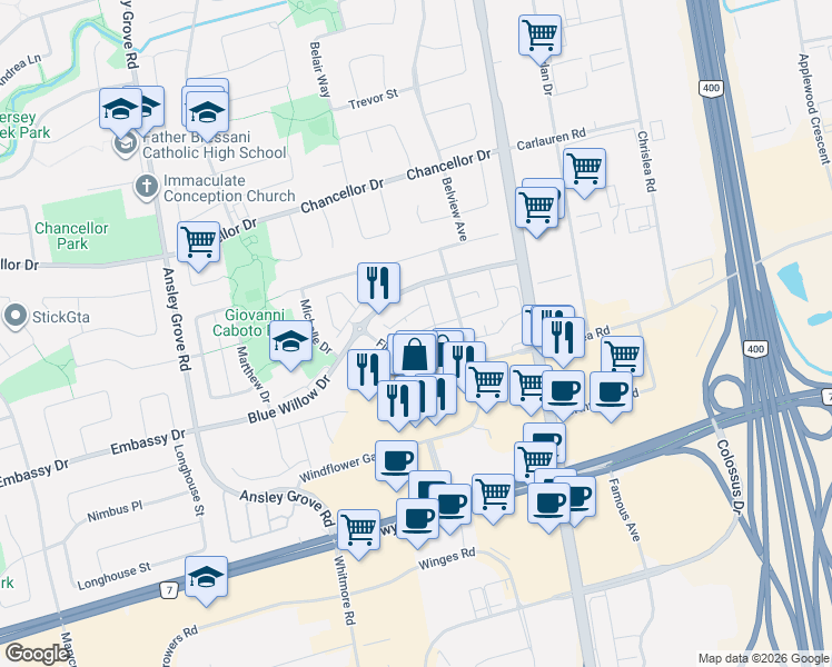 map of restaurants, bars, coffee shops, grocery stores, and more near 149 Foxchase Avenue in Vaughan
