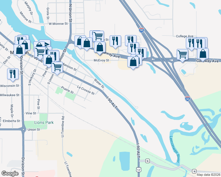 map of restaurants, bars, coffee shops, grocery stores, and more near in Mauston