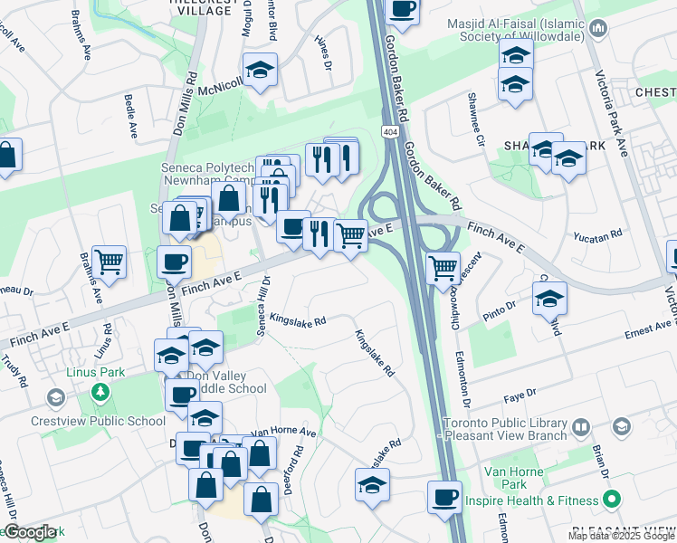map of restaurants, bars, coffee shops, grocery stores, and more near 45 Whitehorn Crescent in Toronto