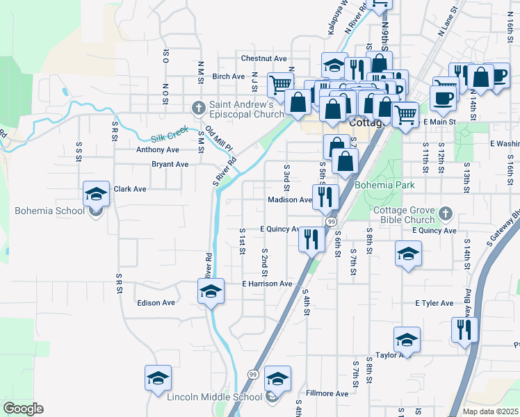 map of restaurants, bars, coffee shops, grocery stores, and more near 116 Madison Avenue in Cottage Grove