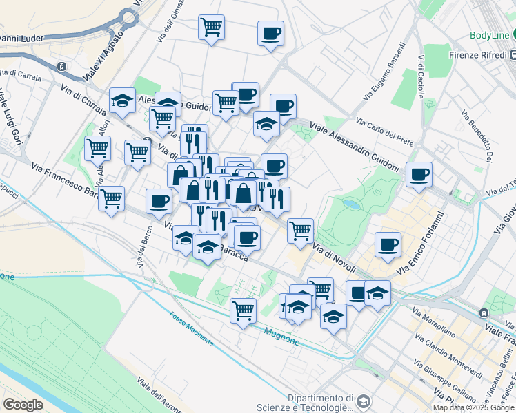 map of restaurants, bars, coffee shops, grocery stores, and more near 175 Via di Novoli in Firenze