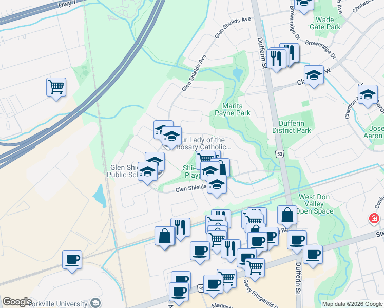 map of restaurants, bars, coffee shops, grocery stores, and more near 35 Quaker Ridge Road in Vaughan