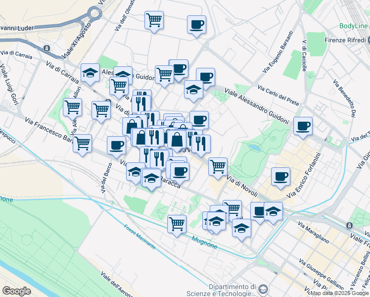 map of restaurants, bars, coffee shops, grocery stores, and more near 175 Via di Novoli in Firenze