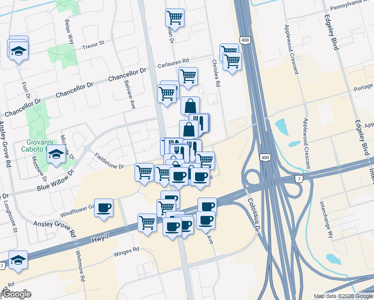 map of restaurants, bars, coffee shops, grocery stores, and more near 40 Chrislea Road in Vaughan