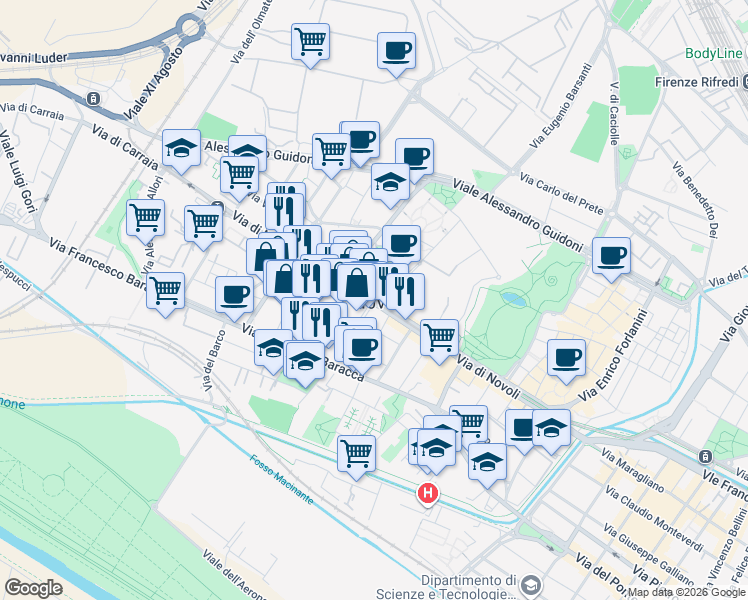 map of restaurants, bars, coffee shops, grocery stores, and more near 175 Via di Novoli in Firenze