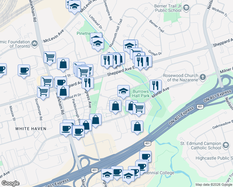 map of restaurants, bars, coffee shops, grocery stores, and more near 100 Burrows Hall Boulevard in Toronto