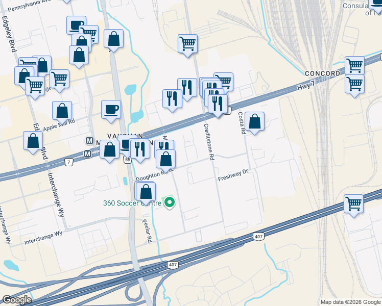map of restaurants, bars, coffee shops, grocery stores, and more near in Vaughan