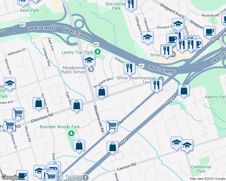map of restaurants, bars, coffee shops, grocery stores, and more near in Toronto