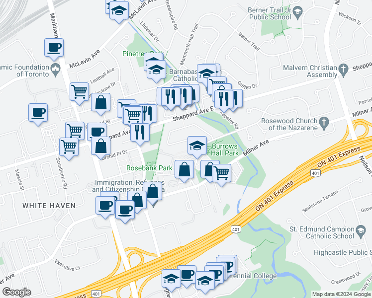 map of restaurants, bars, coffee shops, grocery stores, and more near in Toronto