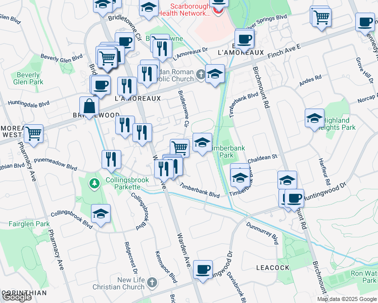 map of restaurants, bars, coffee shops, grocery stores, and more near in Toronto