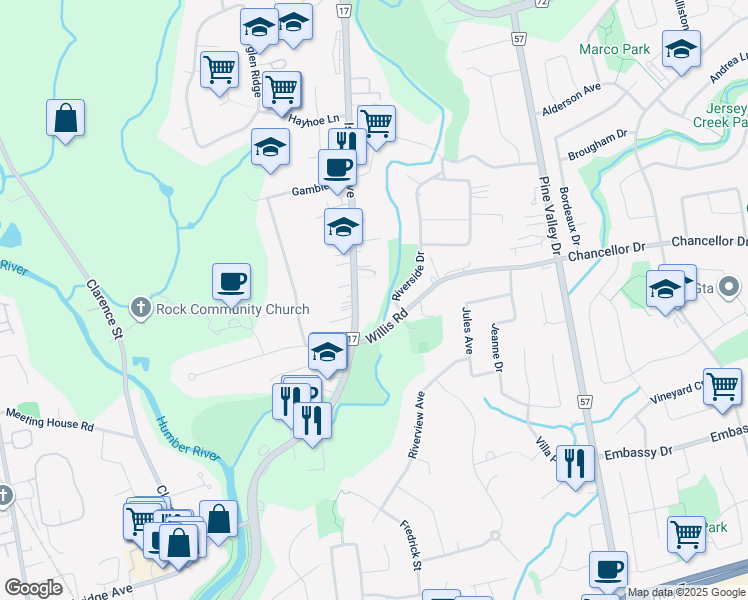 map of restaurants, bars, coffee shops, grocery stores, and more near in Vaughan