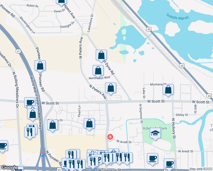 map of restaurants, bars, coffee shops, grocery stores, and more near 668 Northwest Way in North Fond du Lac