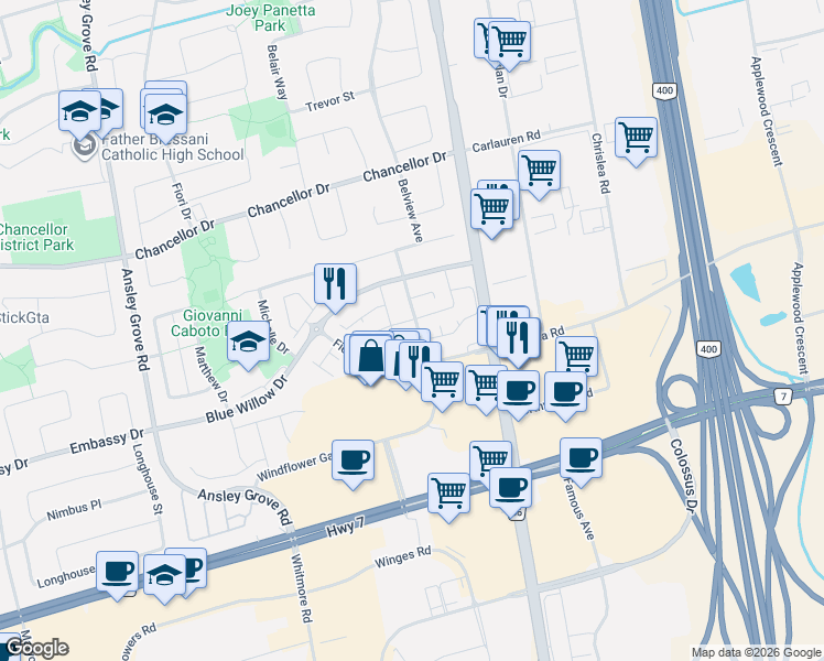 map of restaurants, bars, coffee shops, grocery stores, and more near 52 Pottery Place in Vaughan