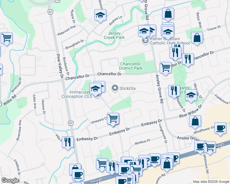 map of restaurants, bars, coffee shops, grocery stores, and more near 78 Governor Crescent in Vaughan