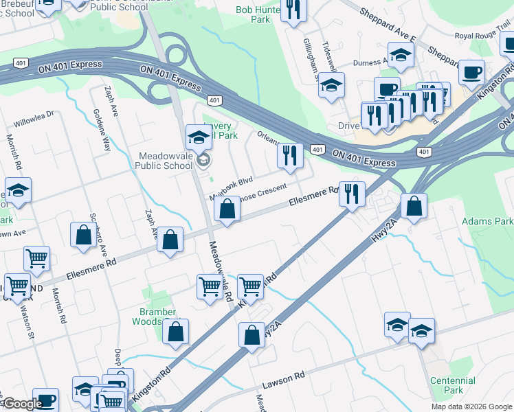 map of restaurants, bars, coffee shops, grocery stores, and more near 4012 Ellesmere Road in Toronto