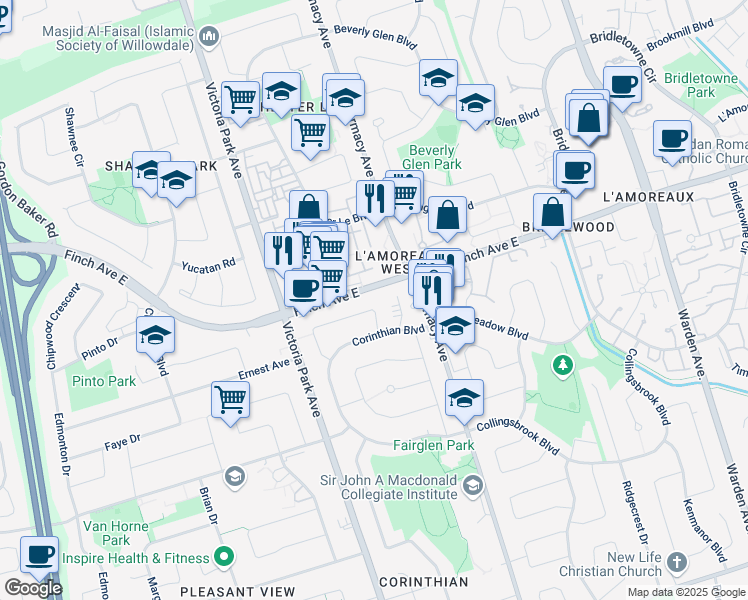 map of restaurants, bars, coffee shops, grocery stores, and more near 74 Hepscott Terrace in Toronto