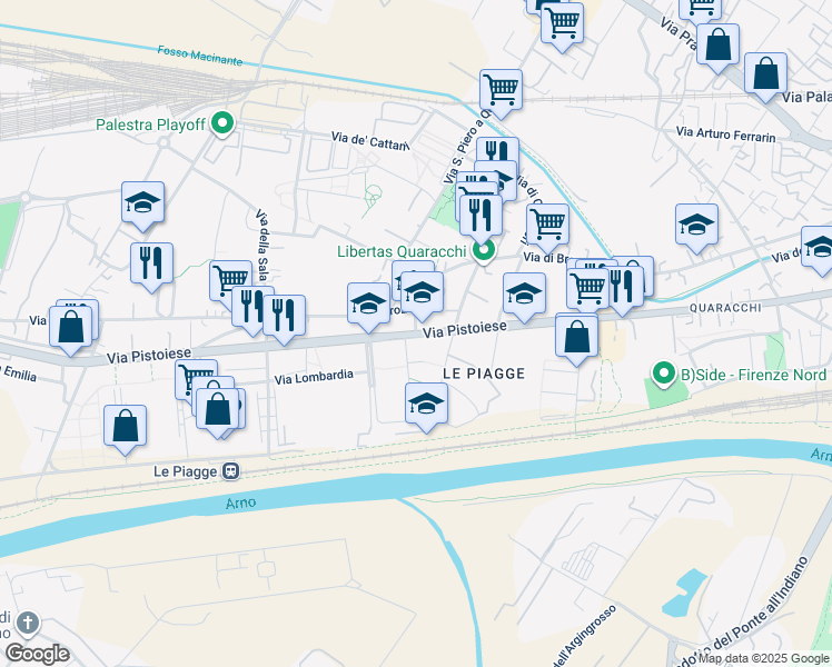map of restaurants, bars, coffee shops, grocery stores, and more near 210 Via Pistoiese in Firenze