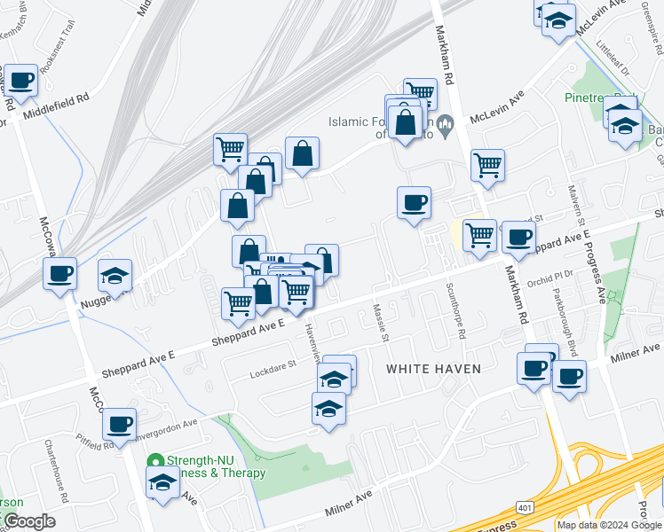 map of restaurants, bars, coffee shops, grocery stores, and more near 4960 Sheppard Avenue East in Toronto