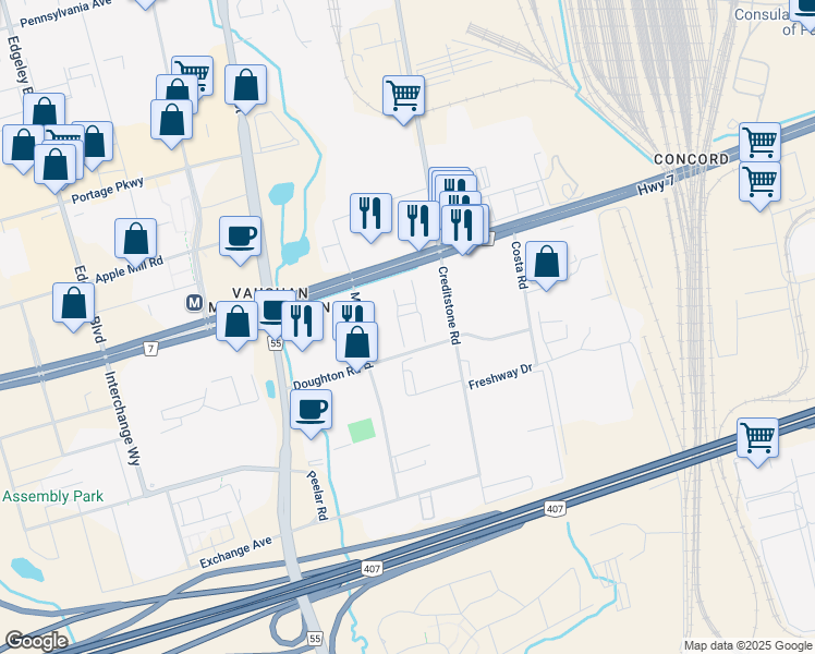 map of restaurants, bars, coffee shops, grocery stores, and more near in Vaughan