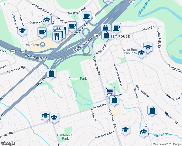map of restaurants, bars, coffee shops, grocery stores, and more near 165 Andona Crescent in Toronto