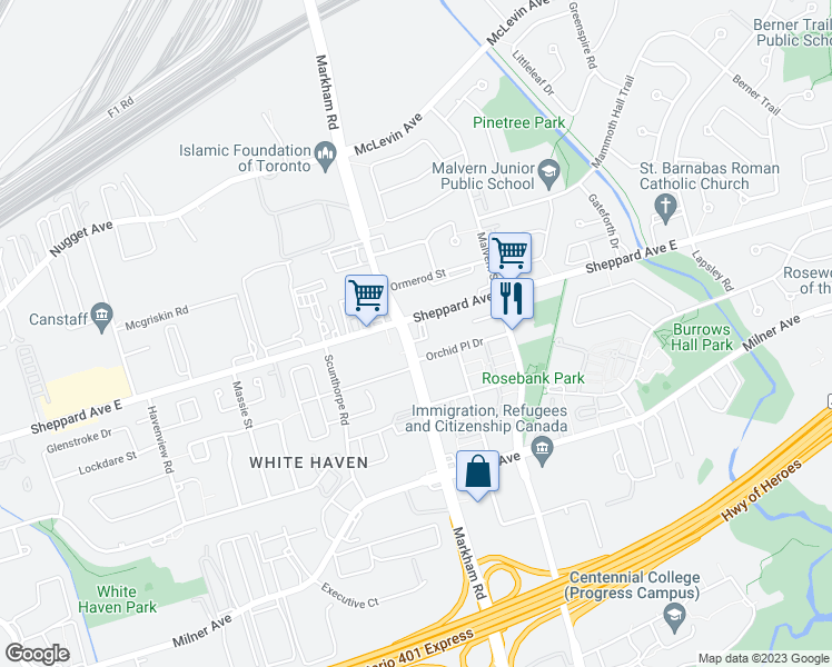 map of restaurants, bars, coffee shops, grocery stores, and more near 1641 Markham Road in Toronto