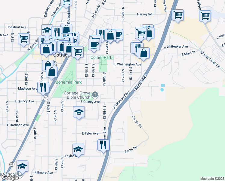map of restaurants, bars, coffee shops, grocery stores, and more near 1515 East Madison Avenue in Cottage Grove