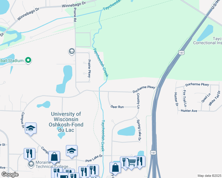map of restaurants, bars, coffee shops, grocery stores, and more near 1059 Ducharme Parkway in Fond du Lac