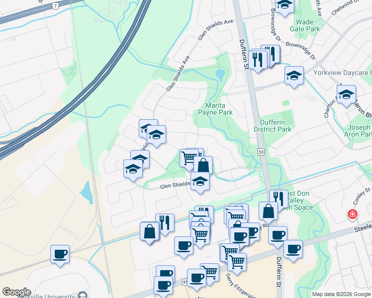 map of restaurants, bars, coffee shops, grocery stores, and more near 43 Quaker Ridge Road in Vaughan