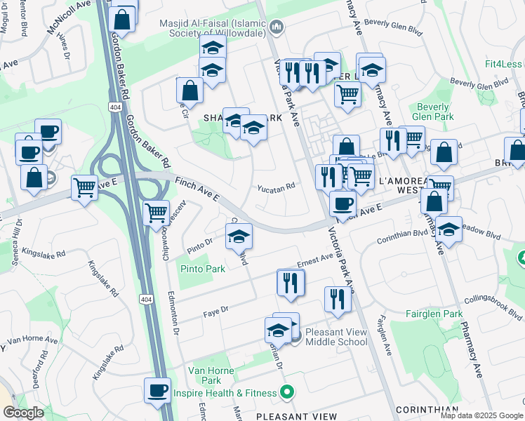map of restaurants, bars, coffee shops, grocery stores, and more near 50 Apache Trail in Toronto