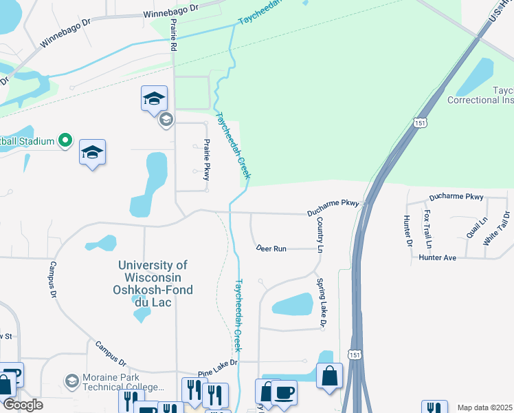 map of restaurants, bars, coffee shops, grocery stores, and more near 1059 Ducharme Parkway in Fond du Lac