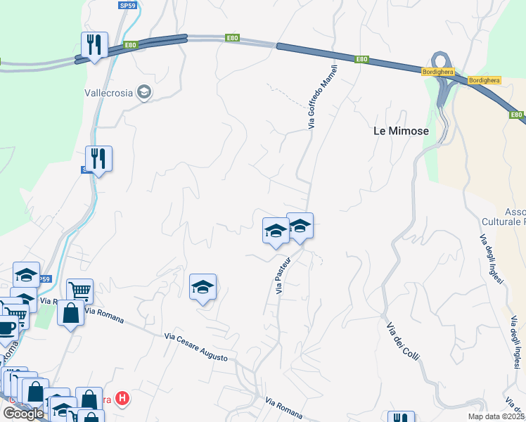 map of restaurants, bars, coffee shops, grocery stores, and more near 7 Via Defisiu in Bordighera