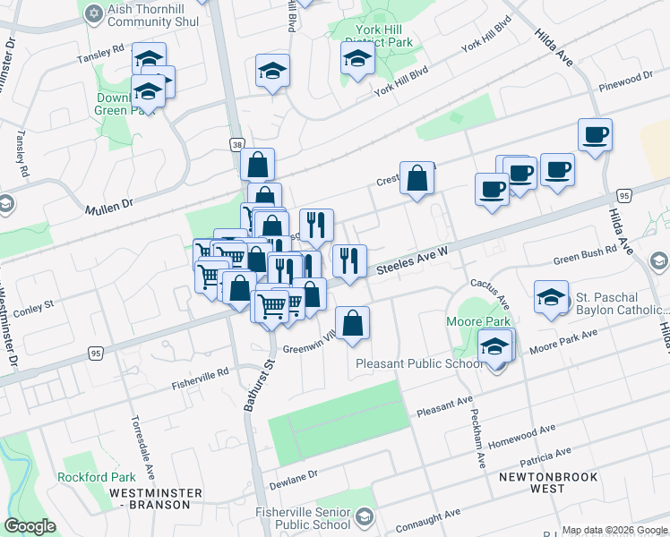 map of restaurants, bars, coffee shops, grocery stores, and more near 91 Townsgate Drive in Toronto