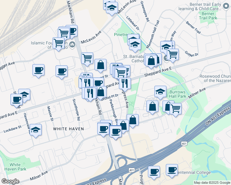 map of restaurants, bars, coffee shops, grocery stores, and more near 5155 Sheppard Avenue East in Toronto